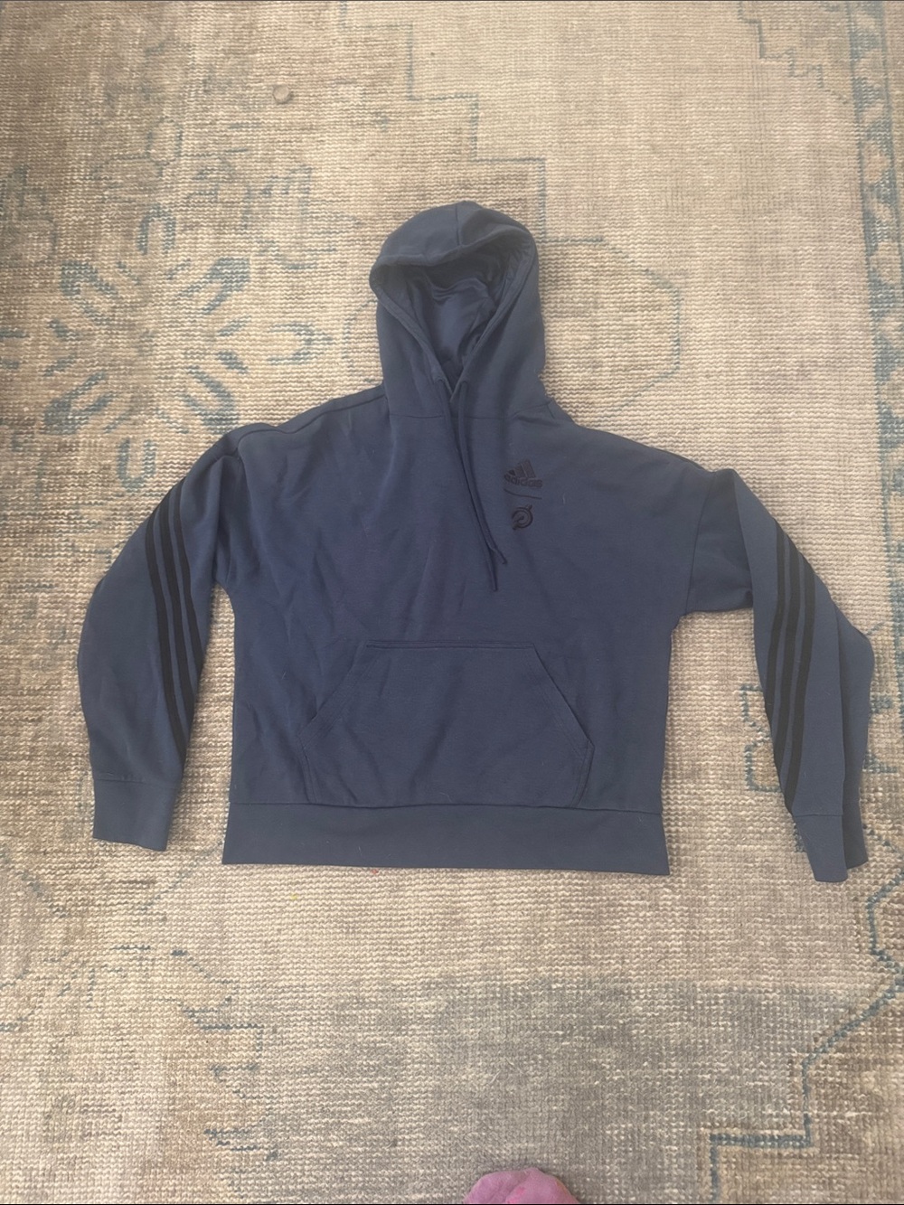 adidas Dark Blue women’s Pullover Hoodie with Striped Sleeves